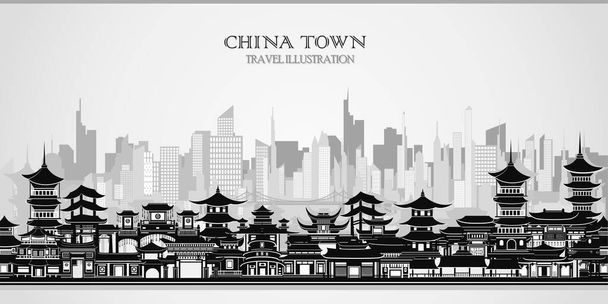 Vector greeting card with Chinese traditional houses in black and white. - Vector, Image