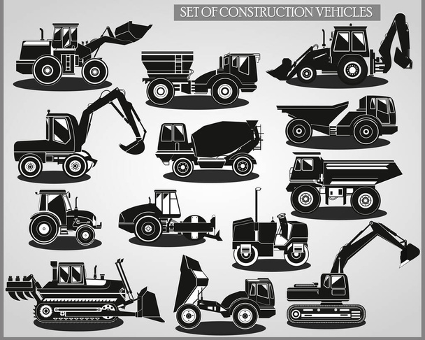Conjunto de vehículos de construcción en blanco y negro sobre fondo gris claro
 - Vector, Imagen