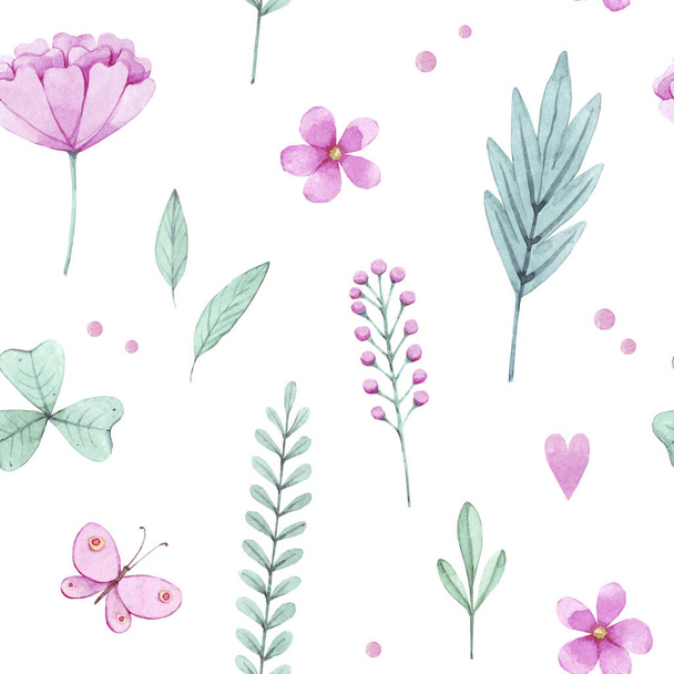 Hand drawn watercolor seamless pattern with pink flowers, leaves and twigs. Green plants on a white background. Design for fabric, wallpaper, napkins, textiles, packaging, backgrounds. Delicate and st - Photo, Image