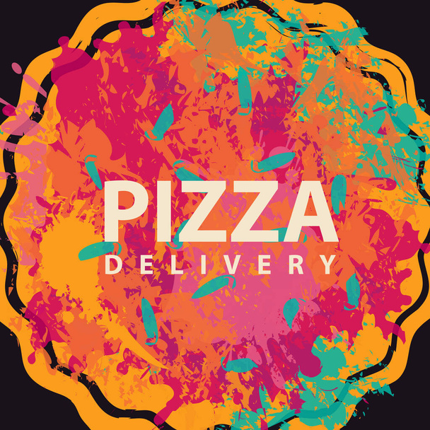 Vector banner on the theme of pizza delivery. Decorative illustration with abstract image of pizza in the form of colorful spots and splashes. Advertising a pizzeria with an online ordering option - Vektori, kuva