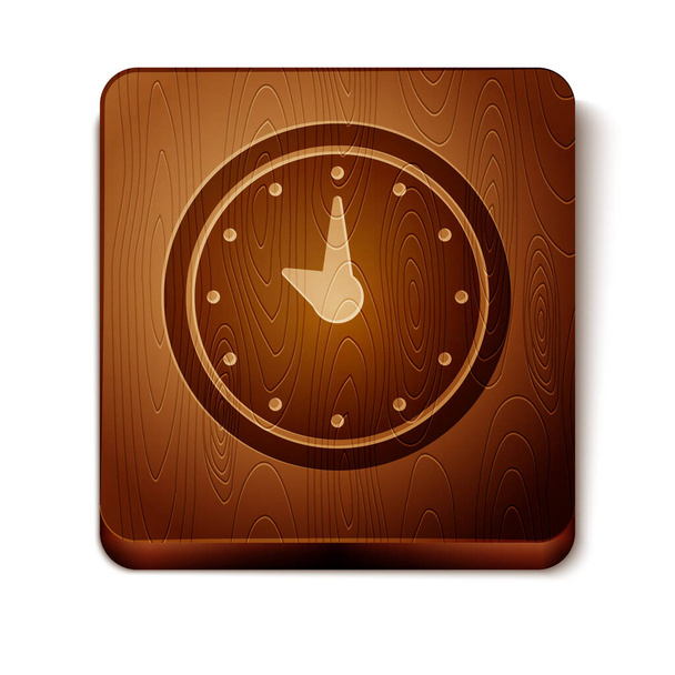 Icono del reloj marrón aislado sobre fondo blanco. Símbolo de tiempo. Botón cuadrado de madera. Ilustración vectorial
 - Vector, Imagen