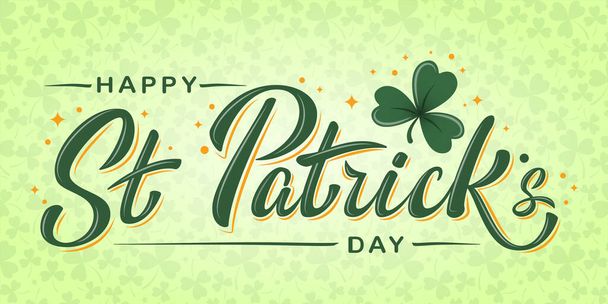 Happy St. Patrick's Day lettering poster with green shamrock and orange stars on light green clover background. For greeting cart, poster, banner, flyer, web pages, social media. Vector illustration - Вектор,изображение