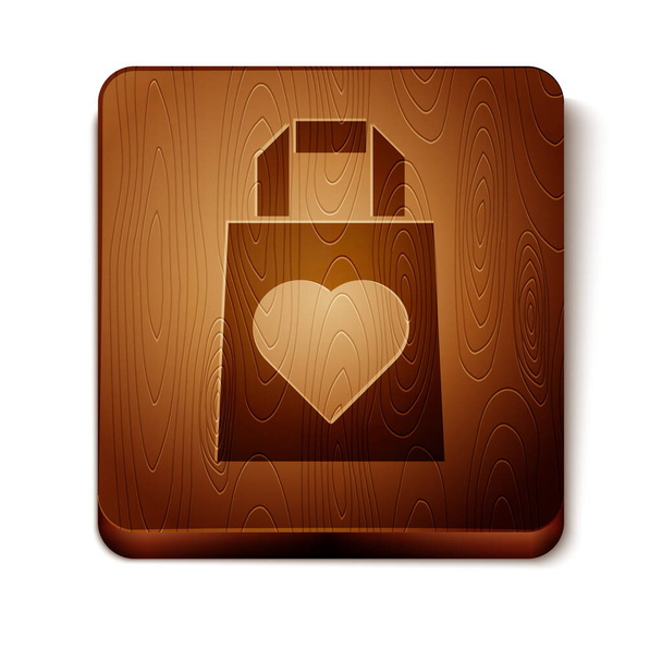 Brown Shopping bag with heart icon isolated on white background. 8 March. International Happy Women Day. Wooden square button. Vector Illustration - Вектор, зображення