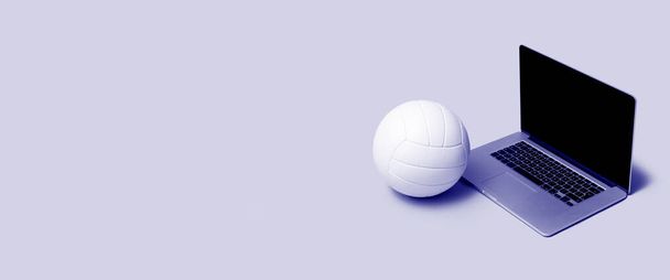 Laptop con pelota de voleibol. Filtro color azul. Ejercicio concepto en línea
 - Foto, imagen