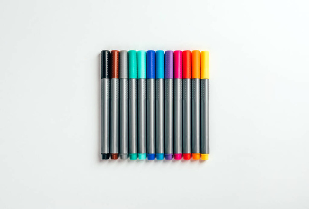 Set of multicolor felt pens, markers on white background, colorful fineliners - Photo, Image