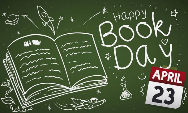 Chalkboard aranyos firkák, képviselve a fantasztikus kalandok és a tudás található egy könyvben, előmozdítása ünneplés az iskolában, és boldog könyvnapot április 23-án. - Vektor, kép