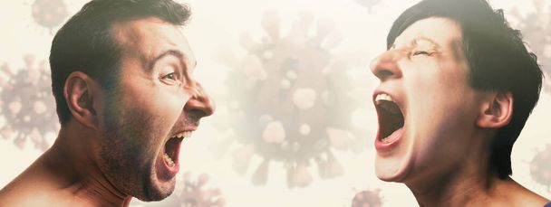 Hombre y mujer se gritan el uno al otro en el fondo con coronavirus
. - Foto, Imagen
