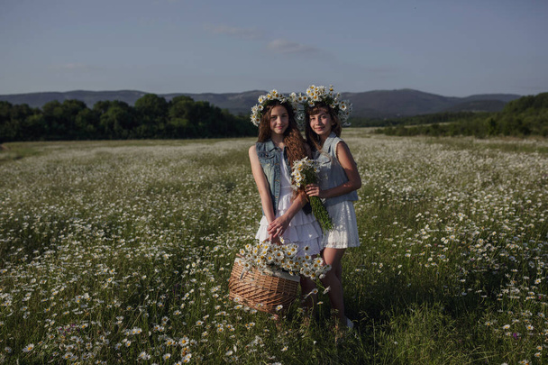 twee leuke tiener meisjes in denim met mooie gezonde lange bruine haren in een madeliefje veld. idee en concept van gezondheid, gelukkige jeugd, vriendschap - Foto, afbeelding