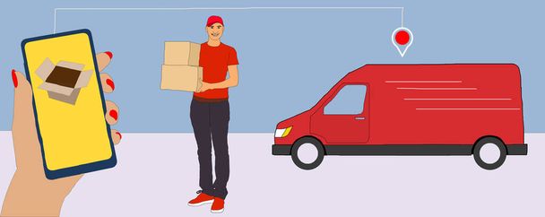 consegna uomo tenendo mucchio di scatole di cartone davanti con spazio copia, illustrazione - Foto, immagini