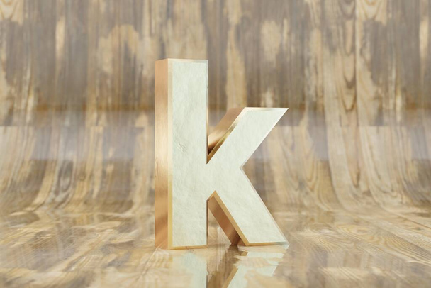 Zlaté 3d písmeno K malé. Zlaté písmeno na lesklém mokrém dřevěném pozadí. Zlatá abeceda s nedokonalostmi. 3D vykreslený znak písma. - Fotografie, Obrázek