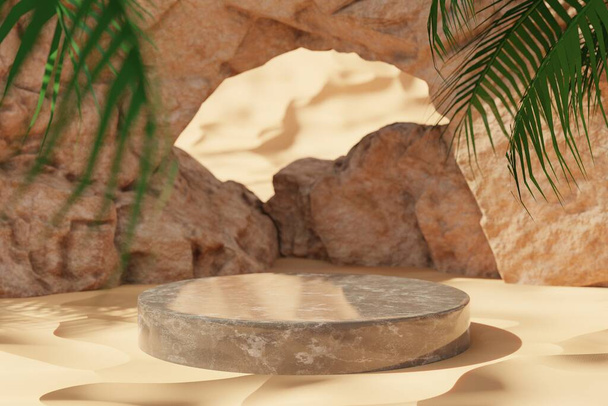 Rock cliff and stones on sand with green palm trees and round cylinder marble podium. Product presentation background. 3d rendered illustration. - Photo, Image