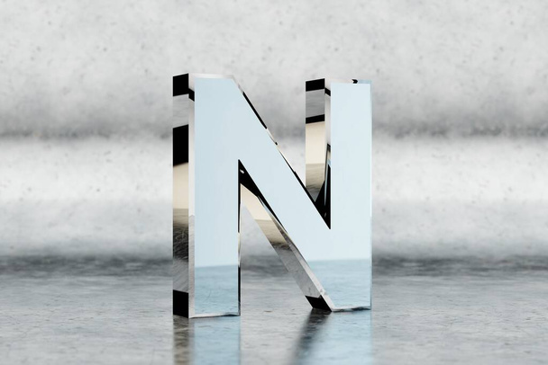 Chrome 3d letter N uppercase. Glossy chrome letter on scratched metal background. Metallic alphabet with studio light reflections. 3d rendered font character. - Fotoğraf, Görsel
