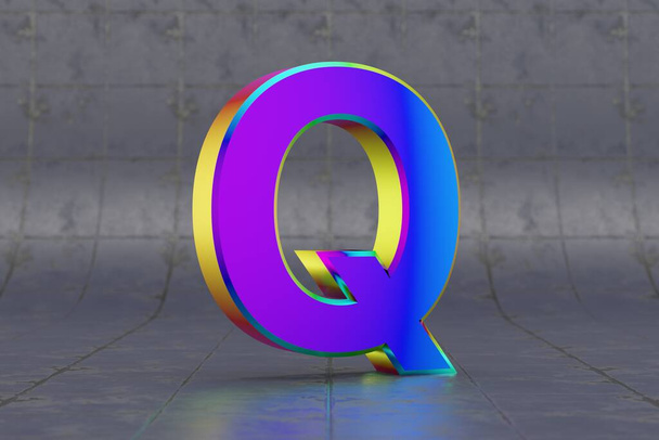 Wielobarwna, trójwymiarowa litera Q. Błyszcząca, opalizująca litera na tle płytek. Metalowy alfabet z odbiciami światła studyjnego. 3d wyrenderowany znak czcionki. - Zdjęcie, obraz