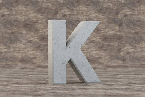 Σκυρόδεμα 3d γράμμα K κεφαλαίο. Σκληρό πέτρινο γράμμα σε ξύλινο φόντο. Τσιμεντένιο αλφάβητο με ατέλειες. 3d απόδοση χαρακτήρα γραμματοσειράς. - Φωτογραφία, εικόνα