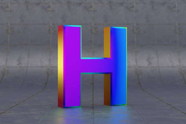 Meerkleurige 3d letter H hoofdletters. Glanzende iriserende brief op tegelachtergrond. Metallic alfabet met studiolamp reflecties. 3d render lettertype character. - Foto, afbeelding
