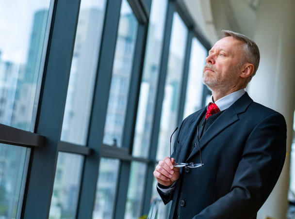 Senior serious businessman standing near window with panoramic city view. Man thinking while checking e-mails standing near window. Photo from the side. - Fotó, kép