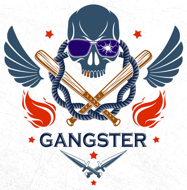 Gang brutal criminal emblem or logo with aggressive skull baseball bats and other weapons and design elements, vector anarchy crime terror retro style, ghetto revolutionary. - Vektör, Görsel