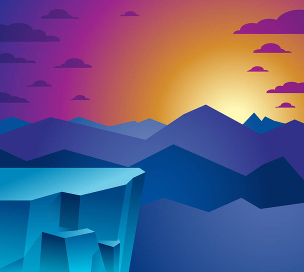 Beautiful mountain landscape with setting sun in the evening, sundown over peak scenic nature vector illustration, tranquil calm image for relaxing. - Vecteur, image