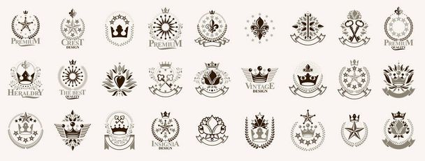王冠や星ベクトル大きなセット、ヴィンテージアンティーク紋章バッジや賞のコレクションを持つ腕の紋章、古典的なスタイルのデザイン要素、家族やビジネスロゴのシンボル. - ベクター画像