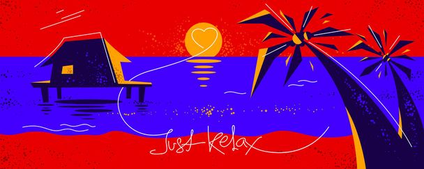 Sommer tropischer Strand mit Palmen und Haus Urlaub und Urlaub Vektor Illustration, Entspannung und Erholung, Reisen und Tourismus, Meer Sonnenuntergang. - Vektor, Bild