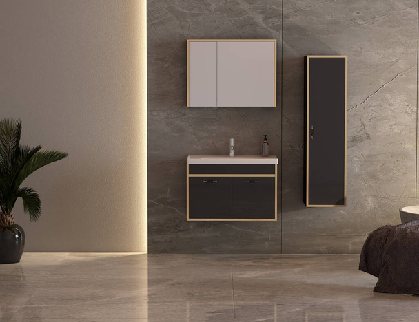 Moderno cuarto de baño interior y muebles de baño con accesorios de baño. 3d renderizado y diseño. renderizado 3d
 - Foto, imagen
