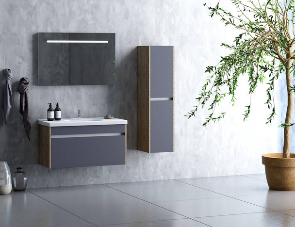 Сучасний інтер'єр ванної кімнати та меблевий гарнітур з аксесуарами для ванної кімнати. 3D візуалізація та дизайн. 3D візуалізація
 - Фото, зображення
