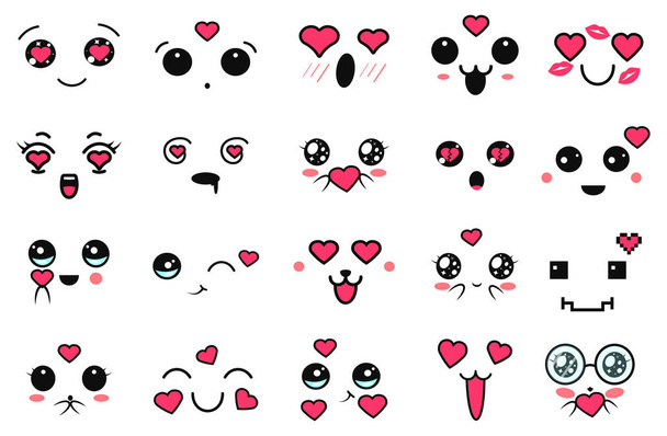 Kawaii niedliche Gesichter mit Herzen. Augen und Münder im Manga-Stil. Lustige japanische Karikatur Emoticon in verschiedenen Ausdrücken. Ausdruck Anime Charakter und Emoticon Gesicht Illustration. Emotionen. Hintergrund - Vektor, Bild
