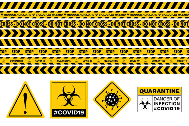 Stop Covid-19 Sign. Seamless Caution Warning Tape. - Вектор,изображение