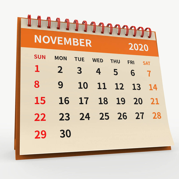 Kalendarz Stałego Biurka Listopad 2020. Miesięczny kalendarz biznesowy z czerwoną spiralą związany, tydzień zaczyna się w niedzielę. Miesięczne strony na pomarańczowej podstawie, izolowane na białym tle, renderowanie 3d. - Zdjęcie, obraz
