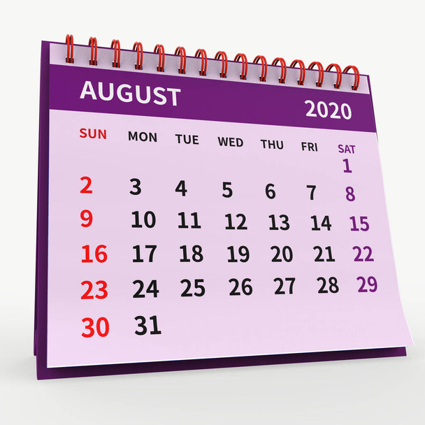 Standing Desk Ημερολόγιο Αύγουστος 2020. Επιχειρήσεις μηνιαίο ημερολόγιο με κόκκινο σπιράλ δεσμεύεται, η εβδομάδα ξεκινά την Κυριακή Μηνιαίες Σελίδες σε ροζ βάση, απομονώνονται σε λευκό φόντο, 3d καθιστούν - Φωτογραφία, εικόνα