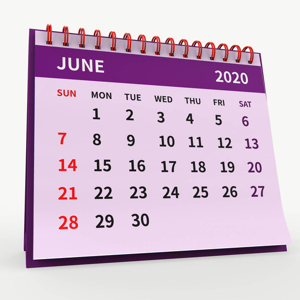 Μόνιμη Ημερολόγιο Γραφείο Ιούνιος 2020. Επιχειρήσεις μηνιαίο ημερολόγιο με κόκκινο σπιράλ δεσμεύεται, εβδομάδα ξεκινά την Κυριακή. Λευκό Μηνιαία Σελίδες σε μπλε βάση, απομονώνονται σε γκρι φόντο, 3d καθιστούν. - Φωτογραφία, εικόνα
