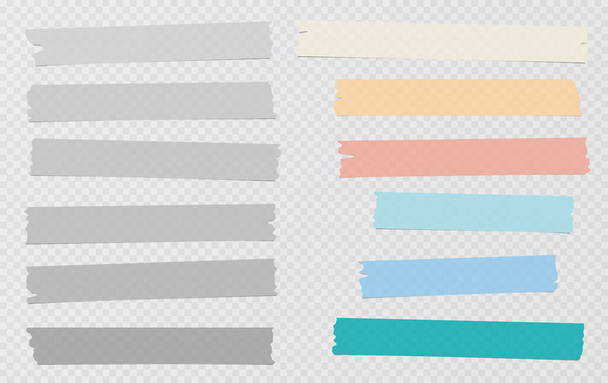 Šedé a barevné různé velikosti lepidlo, lepicí, maskování, lepicí páska, kousky papíru jsou na bílém čtvercovém pozadí - Vektor, obrázek