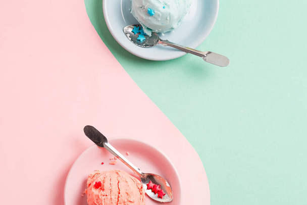 Two plates with fresh natural homemade fruits ice-cream or gelato on a duotone background. - 写真・画像