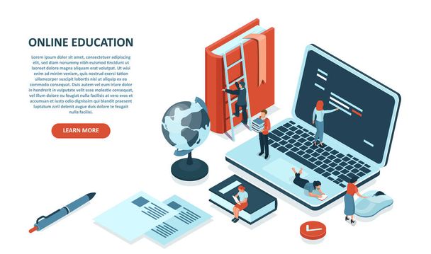 Online education concept. Vector of students learning via internet platforms, using digital webinars and libraries  - Vector, Image