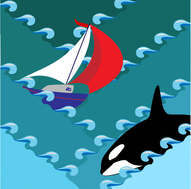 μια βάρκα με κόκκινο χρώμα με πανιά πηγαίνει στη θάλασσα του μπλε χρώματος με κύματα μια φάλαινα δολοφόνος κολυμπά προς αυτό, Παγκόσμια ημέρα ωκεανών - Διάνυσμα, εικόνα