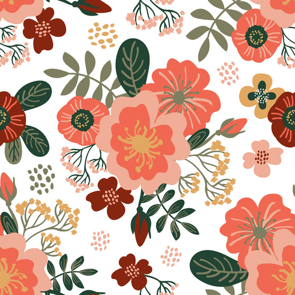 手描きの花と抽象的な花のシームレスパターン - ベクター画像