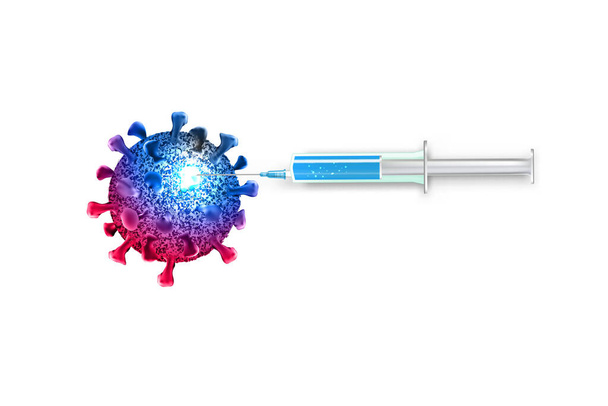 A syringe with a vaccine destroys coronavirus. Struggle of scientists against viral diseases through vaccination. Victory of medicine over Covid-19.3d vector concept with place for headline - Διάνυσμα, εικόνα