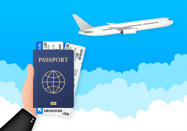 旅行や観光のためのパスポート。パスポートを手に男はその書類を手に持っている。ベクターストックイラスト - ベクター画像