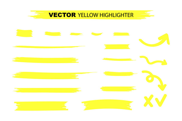 Żółte znaczniki znaczników. Żółty zestaw akwareli ręcznie rysowane podkreślenia. Ilustracja wektora - Wektor, obraz