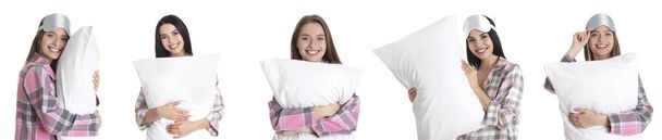 Collage of young women in pajamas with pillows against white background. Banner design - Foto, Imagem