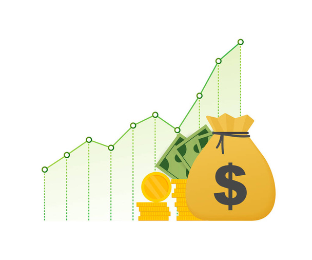 Profit money or budget. Cash and rising graph arrow up, concept of business success. Capital earnings, benefit. Vector stock illustration - Vector, Image