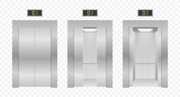 Aufzugstüren. Schließen und Öffnen des Aufzugs metallisch im Bürogebäude. Vektoraktiendarstellung - Vektor, Bild