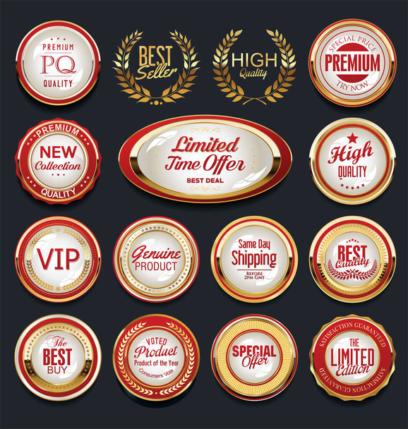 Retro vintage gold and red badges and labels collection - Vector, Image