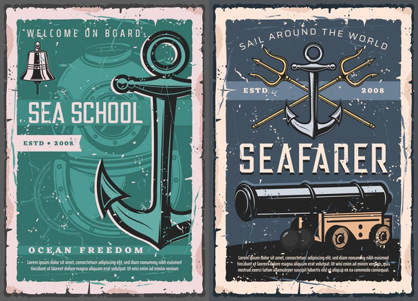 Námořní retro vektorové plakáty. Námořní škola kapitánů a námořníků, aqualung potápěčský klub a námořnictvo sil, námořní symboly kotvy a zvonek, trojzubec a fregata dělo zbraň - Vektor, obrázek