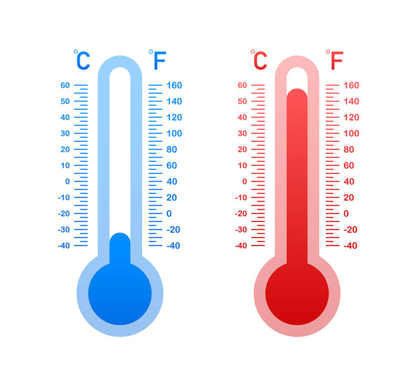 Moderne thermometer, zomerse achtergrond. Thermometer in tekenfilmstijl. Thermostaat. Voorraadillustratie van vectoren - Vector, afbeelding