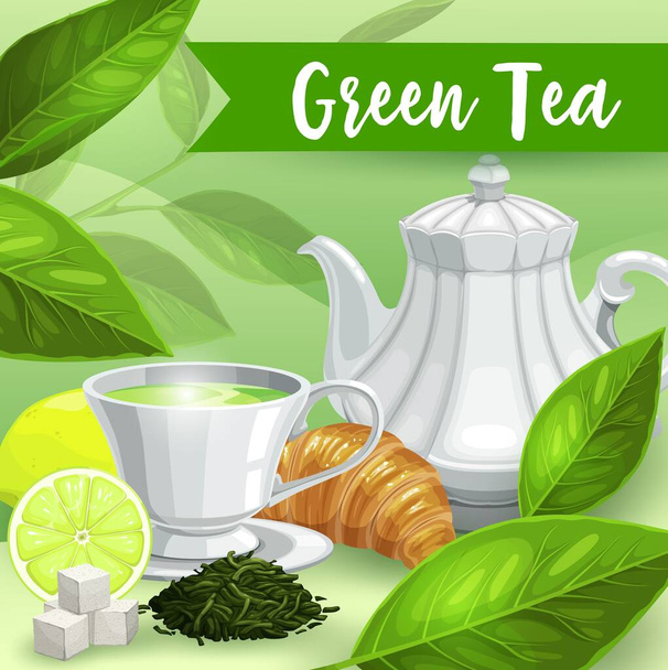 Green tea, vector poster, herbal tea in porcelain cup with lemon or lime and croissant. Premium drink green tea shop, herb brew infusion with sugar cubes for package box design - Vektori, kuva