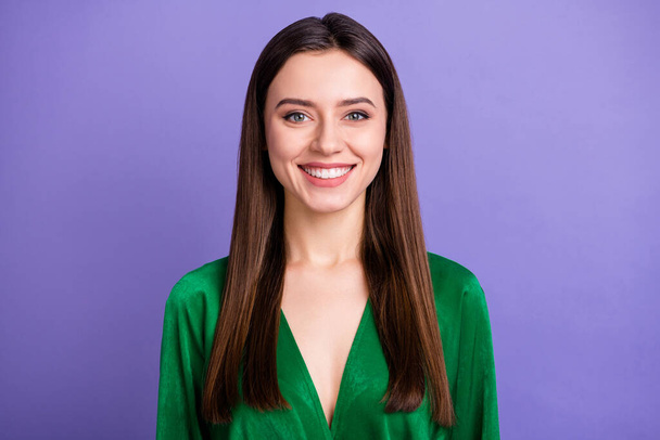 Closeup photo of pretty attractive lady white perfect toothy smile classy luxury girl cheerful person wear green tender blouse isolated pastel purple color background - Foto, immagini