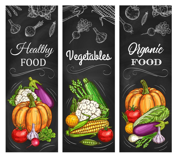Овощи и овощи, векторные баннеры. Вегетарианские салаты и веганские органические продукты, капуста из цветной капусты и брокколи, тыква, кукуруза и чеснок, морковь, кабачок и зеленый горох.
 - Вектор,изображение