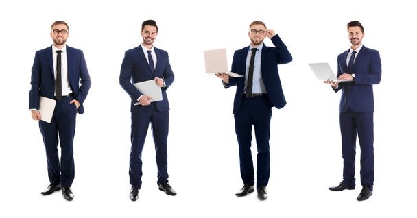 Collage of young men with laptops on white background. Banner design  - Fotoğraf, Görsel