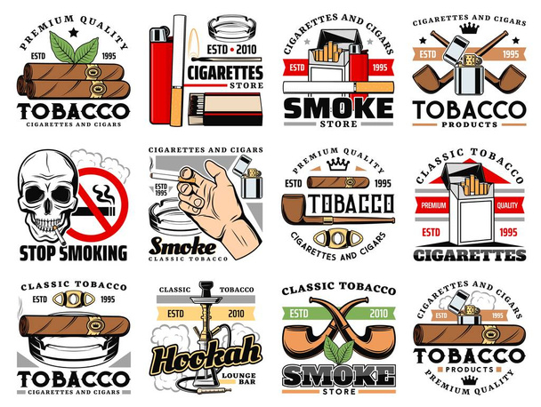 Cigarros y cigarrillos iconos de la tienda de tabaco, hookah bar bar signo de vectores. Deje de fumar letrero de advertencia de calavera, cigarros habanos de primera calidad y hojas de tabaco para pipa de humo, encendedor, cenicero y fósforos
 - Vector, imagen